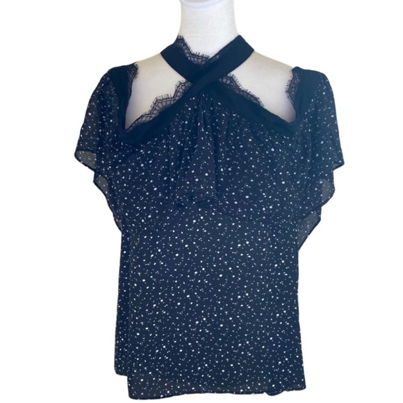 Bar III Tops - BAR III cold shoulder blouse. Criss-cross neck. Black/white pattern.Size L.